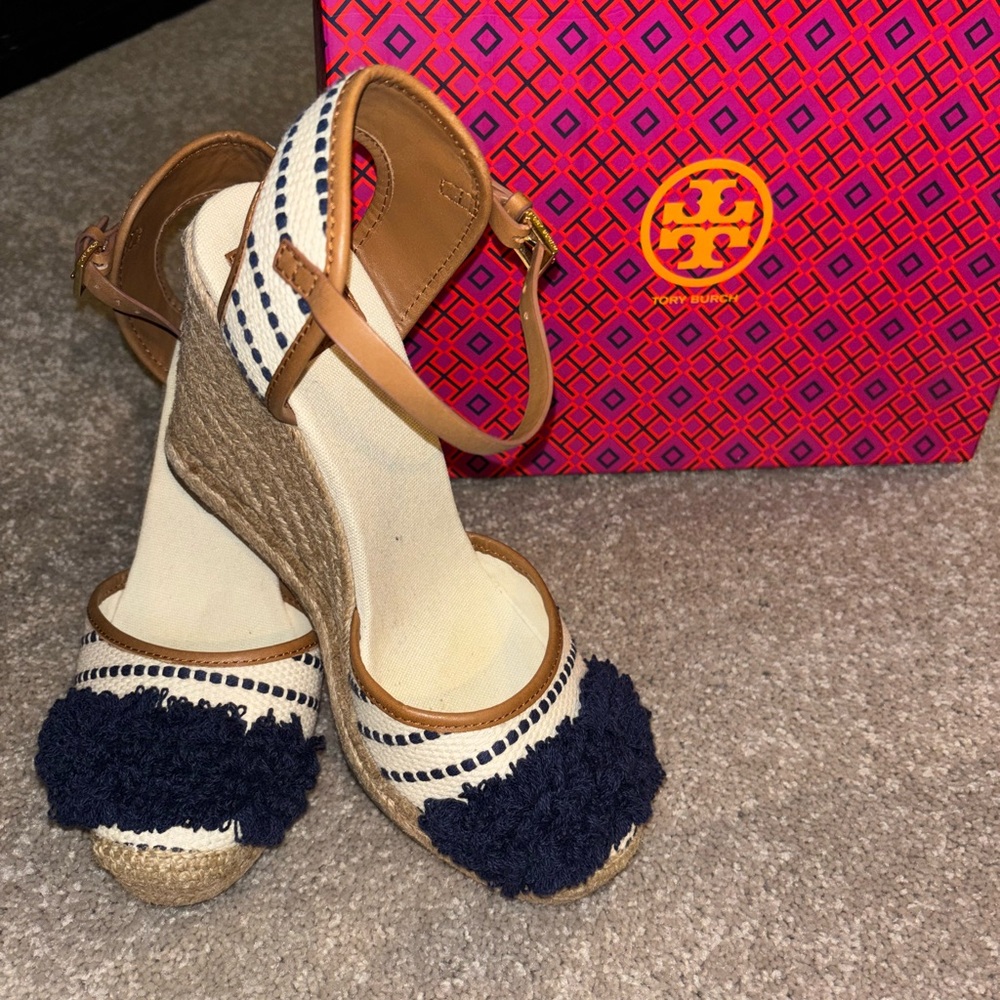 Tory Burch Navy and Tan Espadrille Wedges  , Brand New